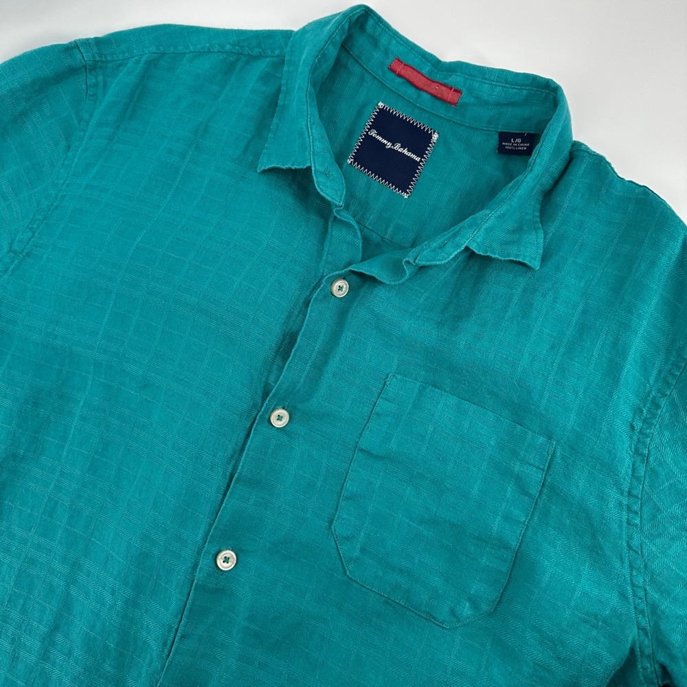 Tommy Bahama Button Down Shirt Mens Large Teal 100% Linen Short Sleeve Textured